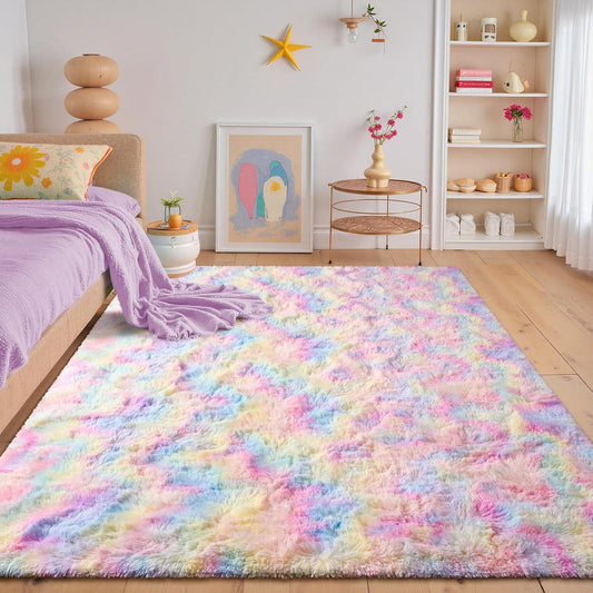 4X6 Washable Area Rug for Girls Bedroom Living Room, Tie-Dyed Rainbow Soft Non-Slip Fluffy Rugs, Shag Plush Memory Foam Carpet for Kids Room Baby Nursery Home Decor